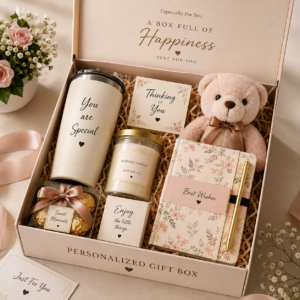 Personalized Gift Box with Teddy Bear, Candle, Mug and Chocolates